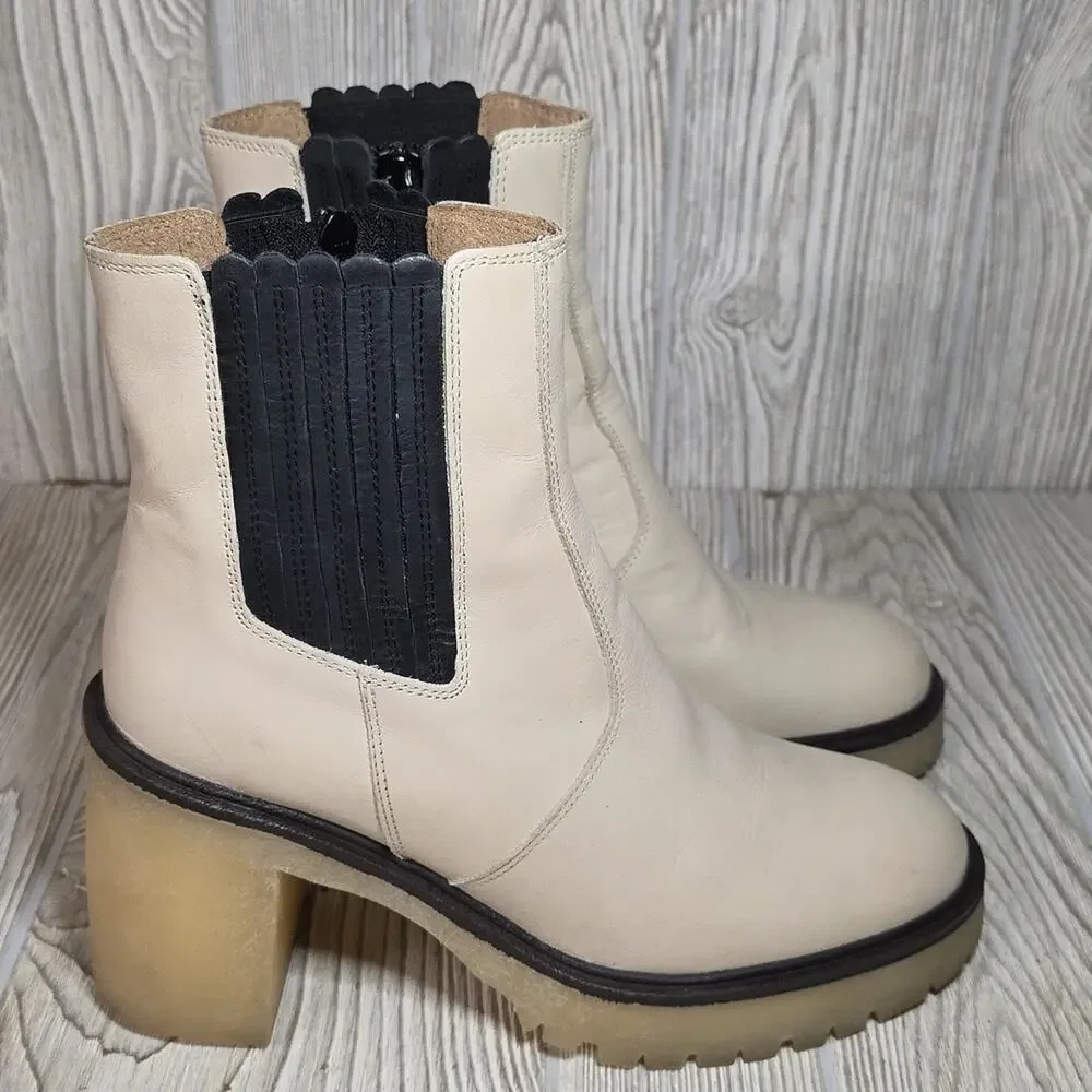 Free People James Chelsea Bone Leather Retro Chunky Block Heel Boots Womens 39